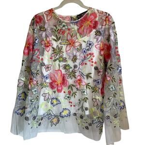 Marc Bouwer NWOT Mesh Embroidered Floral Blouse Colorful Sz M Flare Sleeves Boho